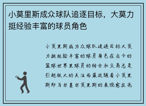 小莫里斯成众球队追逐目标，大莫力挺经验丰富的球员角色